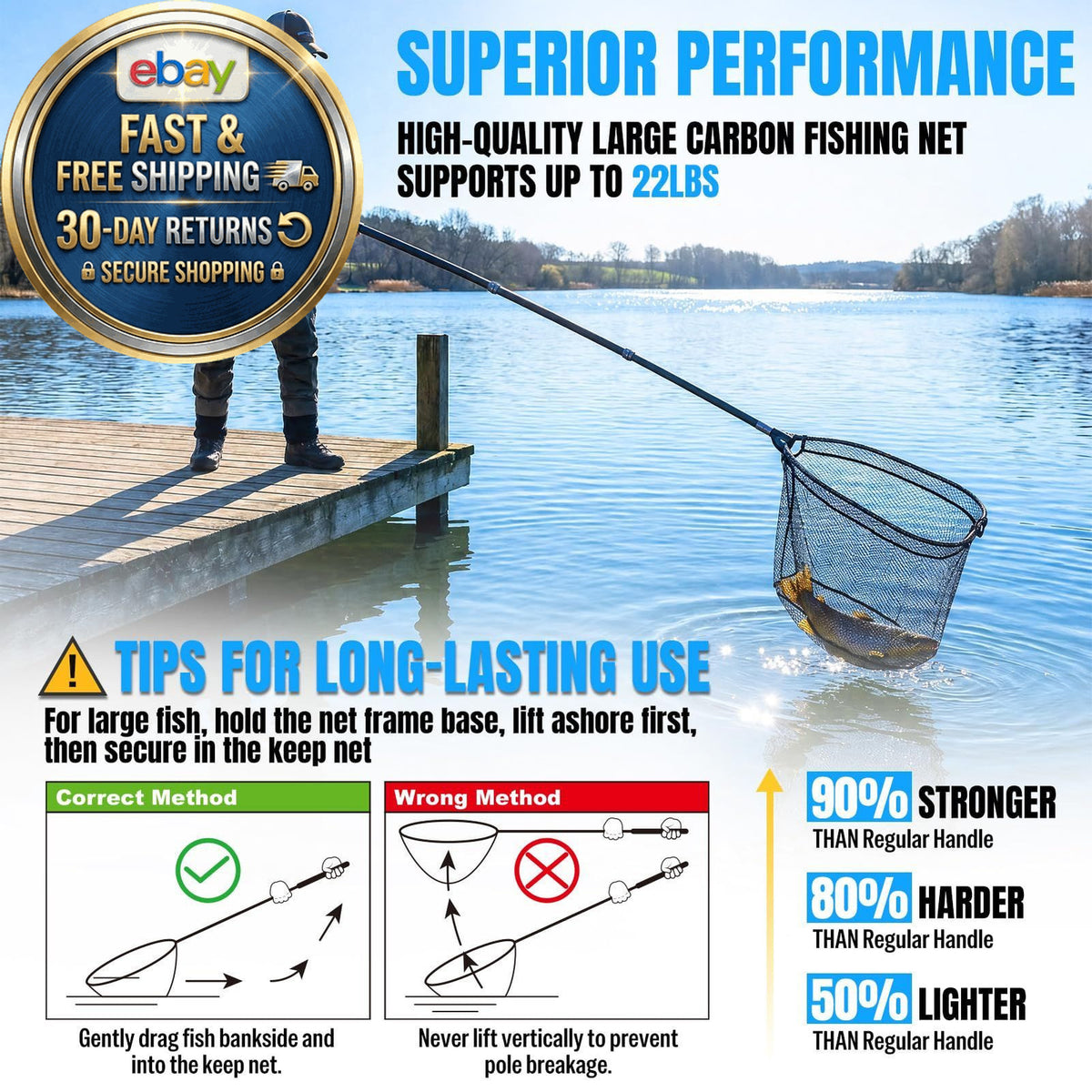 Heavy Duty Telescoping Fishing Net with Carbon Fiber Handle 3.4-7.7FT