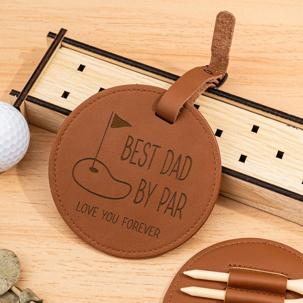 Golf Accessory Set for Fathers Day - Leather Tee Holder & Tees, Gift for Dad
