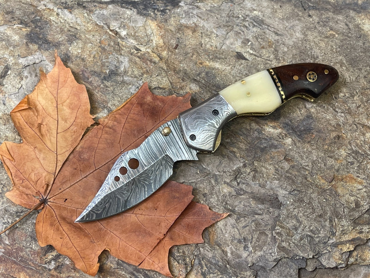 Damascus Folding Pocket Knife with Small Defects Handmade, Multiple Variants