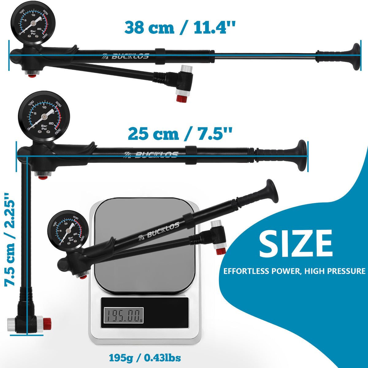 High-Pressure Bicycle Shock Pump with Pressure Gauge - Aluminum, 300 PSI