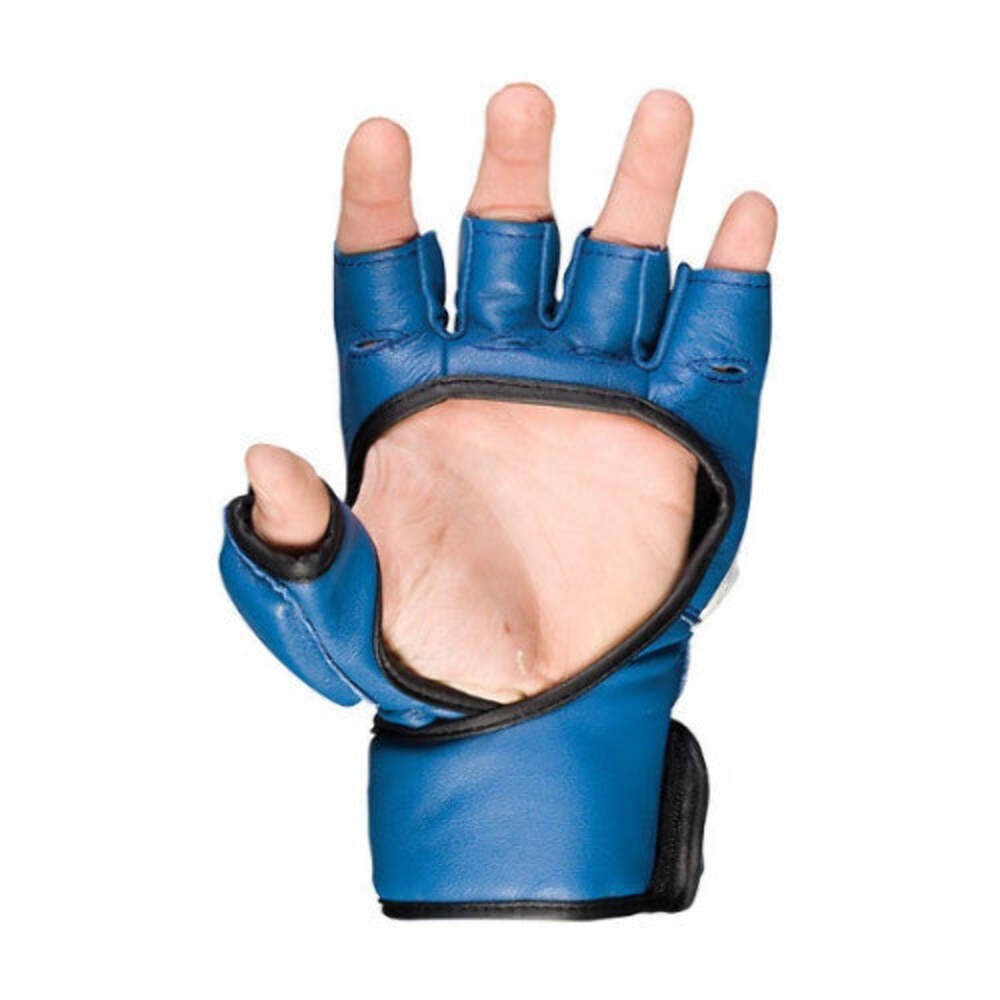 Genuine Leather MMA Gloves for Sparring - Open Palm Safety Fighting Gloves Blue