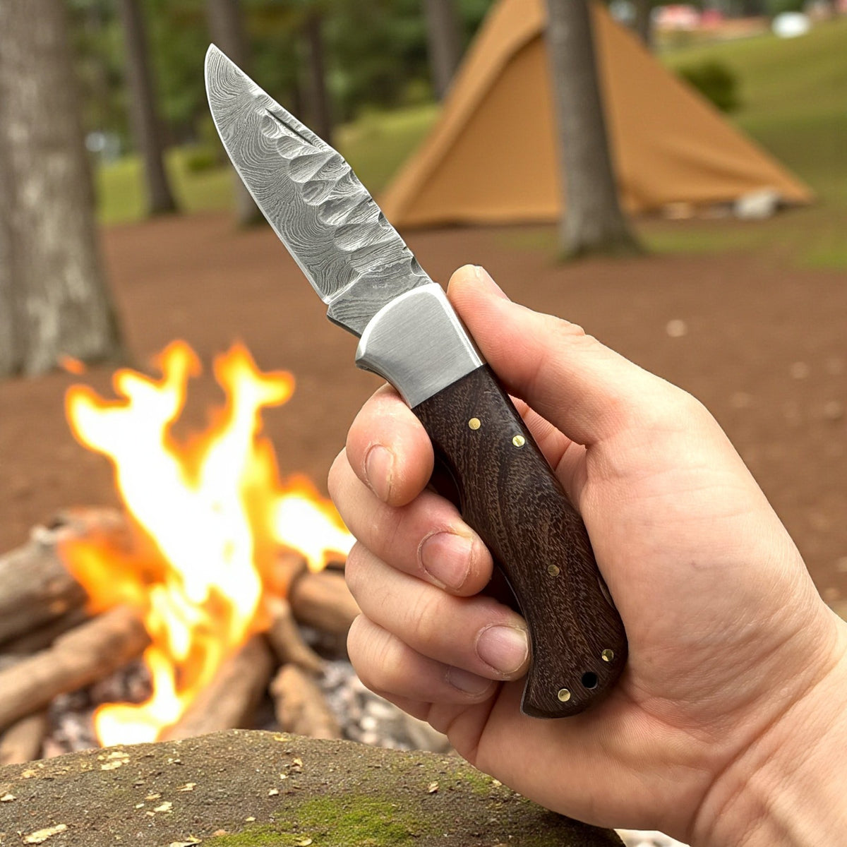 Personalized Damascus Folding Pocket Knife with Rosewood Handle