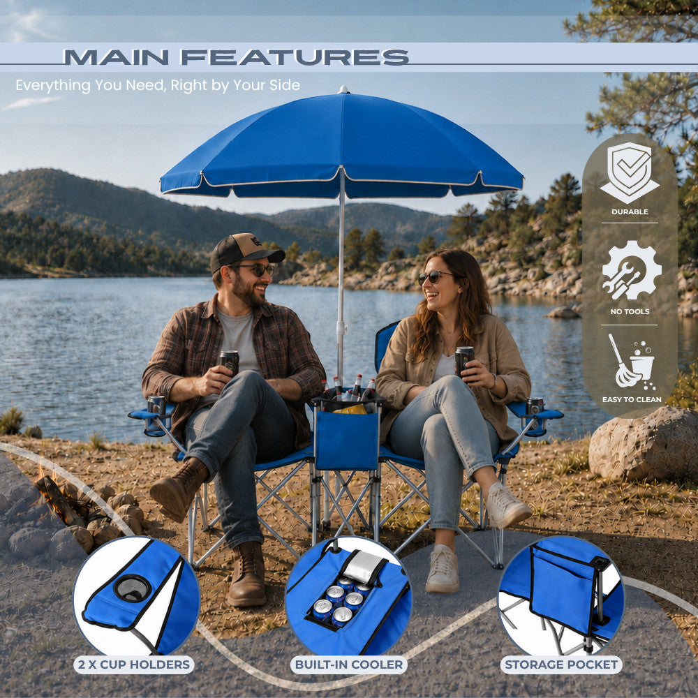 Portable 2-Person Folding Picnic Chair with Umbrella Cooler and Cup Holders