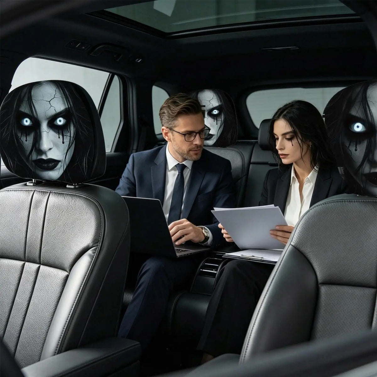 Halloween Ghost Car Headrest Covers Set - Creepy Vehicle Seat Protectors, 2 Pack