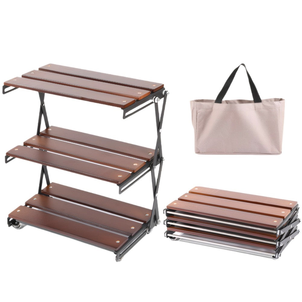 3-Tier Portable Camping Storage Rack Foldable Wooden Countertop Organizer
