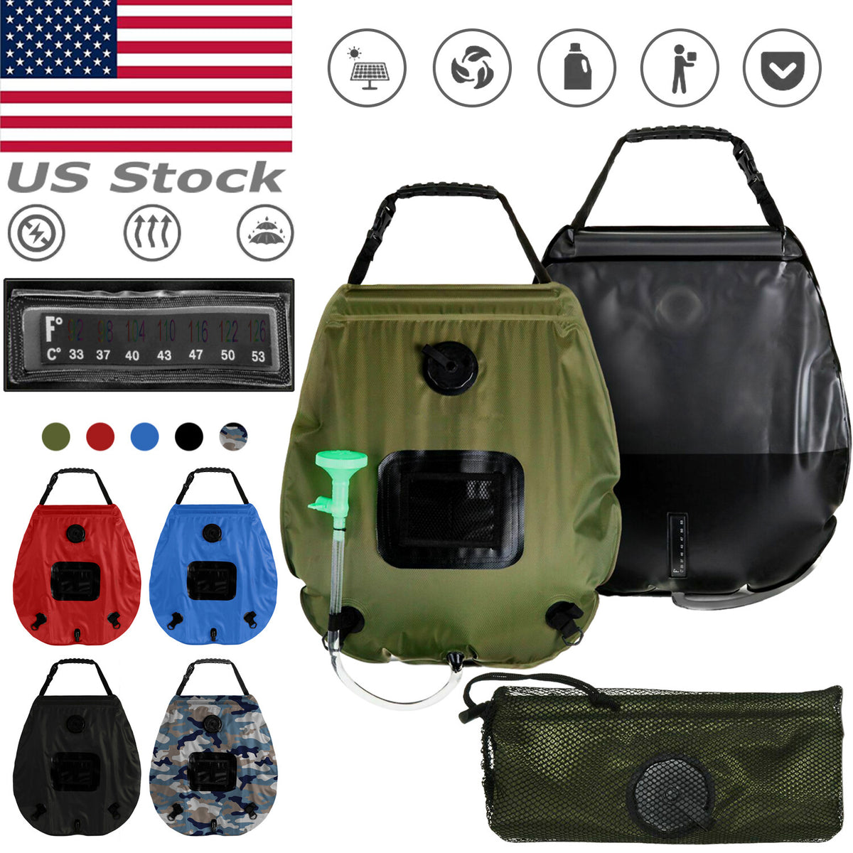 20L Portable Solar Heated Camping Shower Bag with Temperature Display