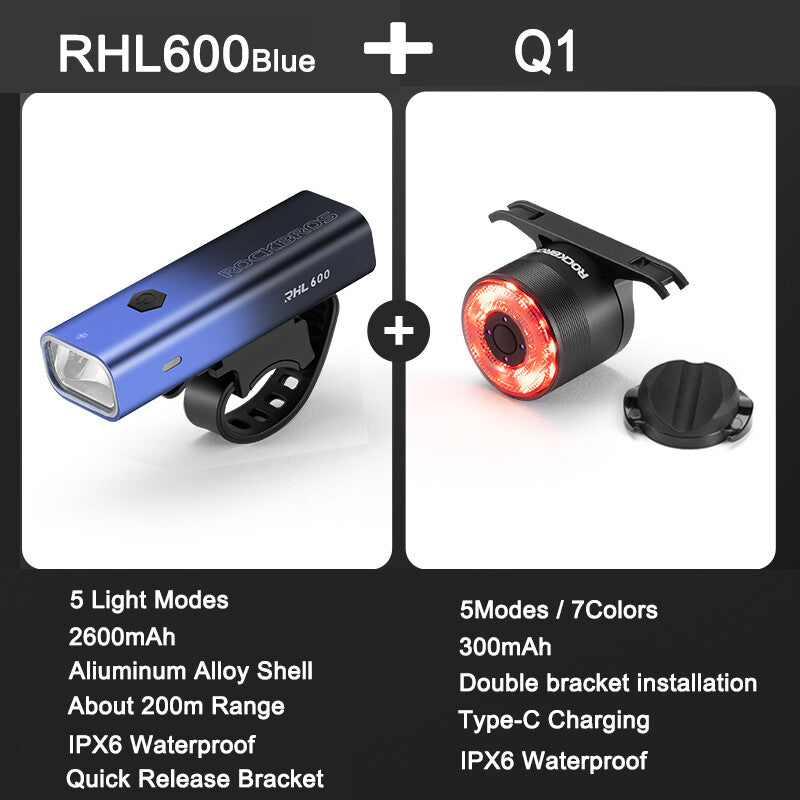 High Brightness Bike Front & Rear Light Set USB-C LED Headlight 1500LM