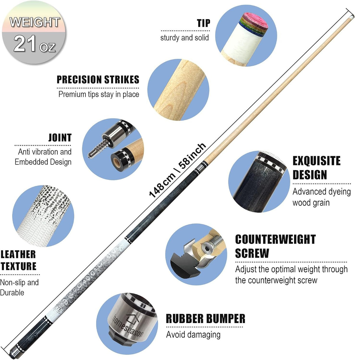 58" Canadian Maple Pool Cue with 13mm Tip, 21oz Low Deflection Two-Piece + Cue Case