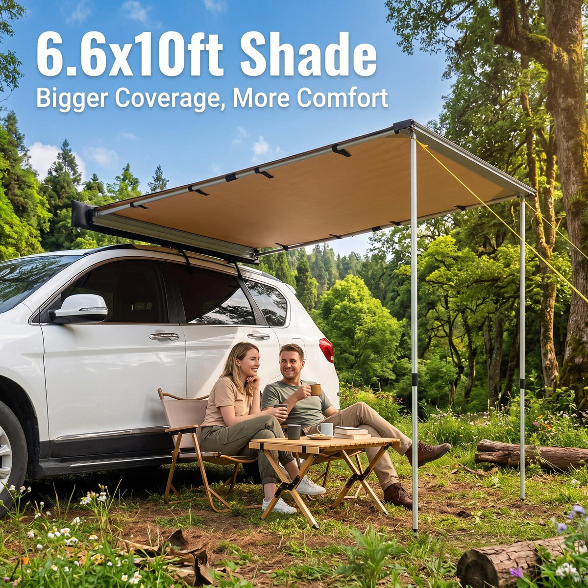 6.6ft Vehicle Awning with Waterproof Fabric and Aluminum Poles - Universal Roof Rack Mount