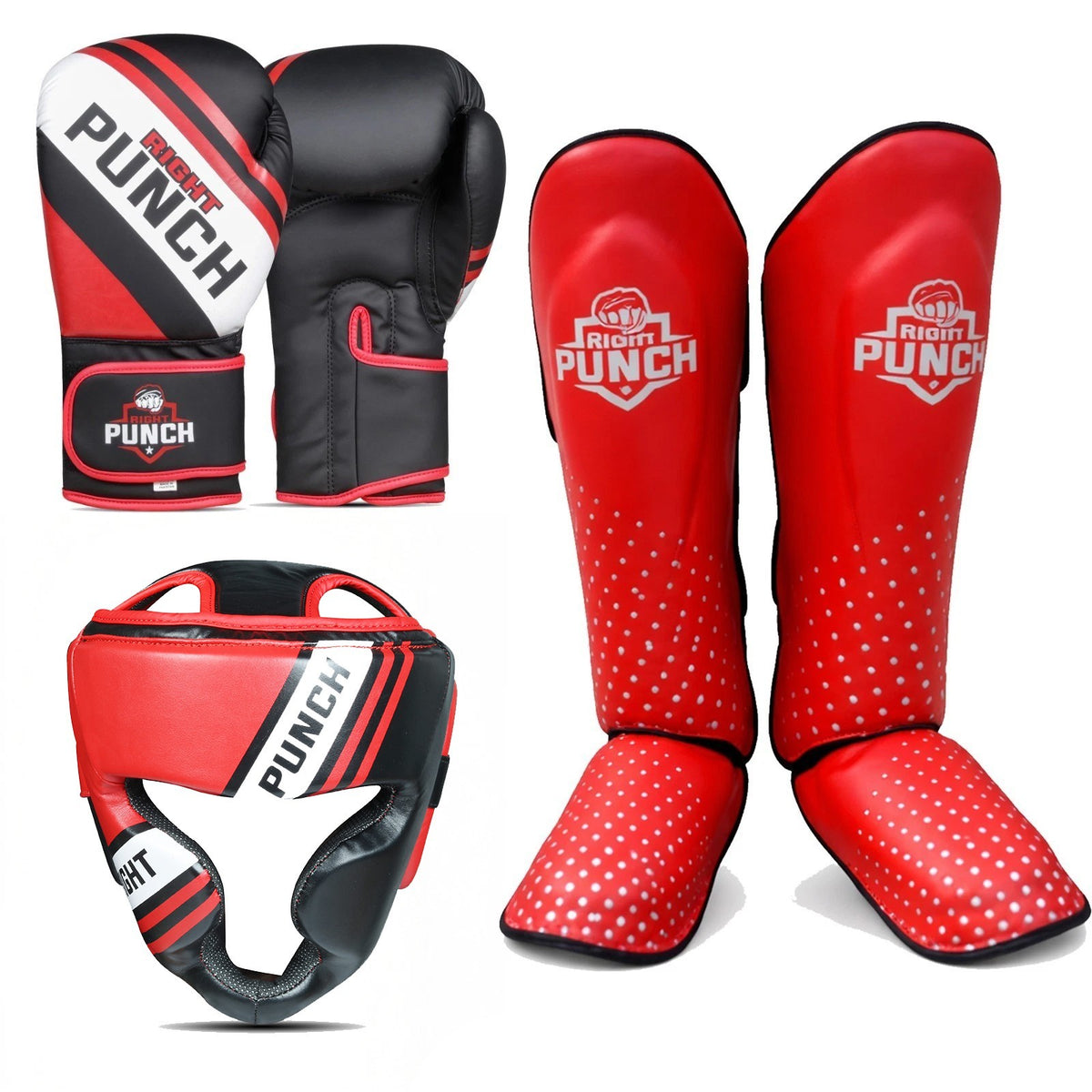 MMA Boxing Gloves Head Guard Shin Guards Training Equipment Red