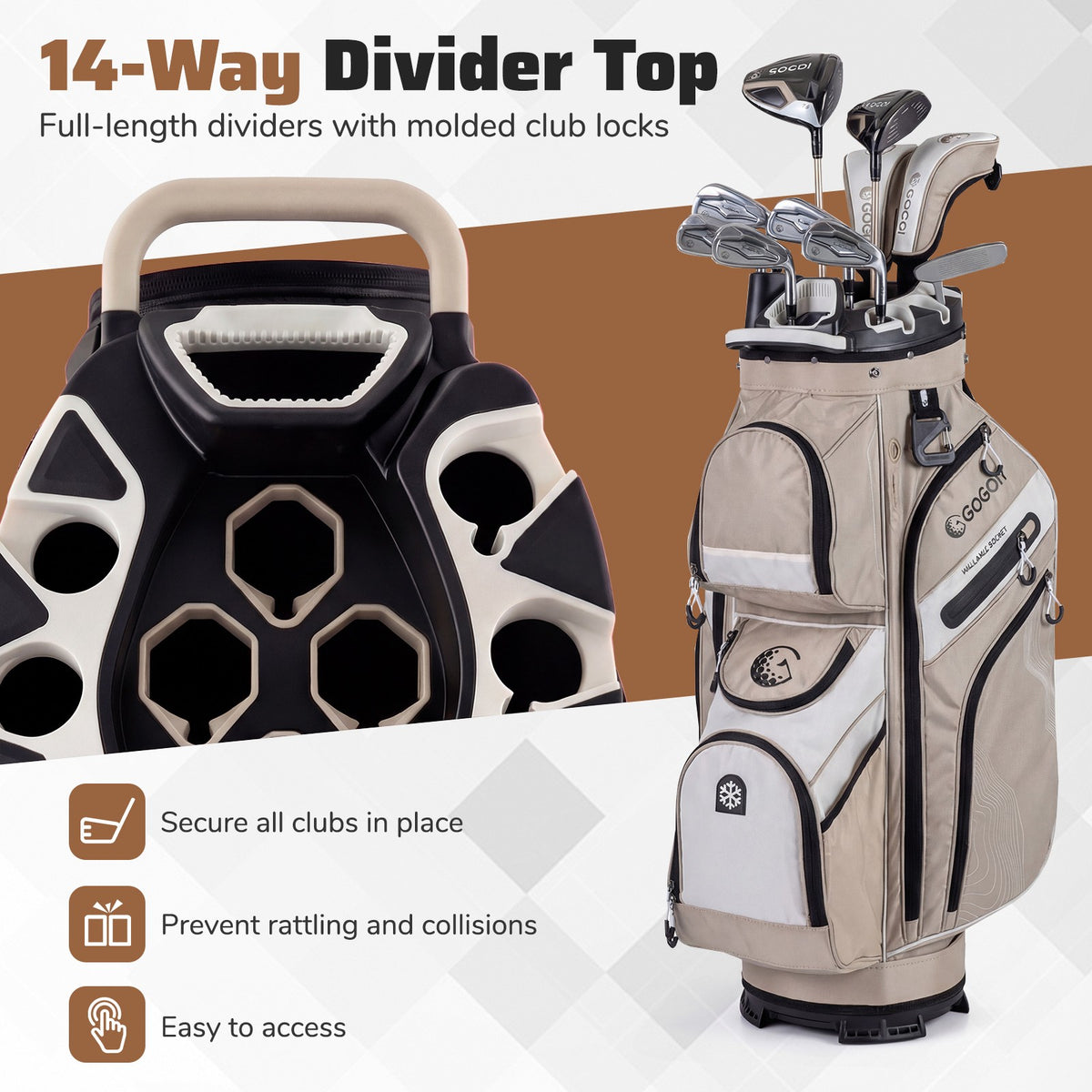 Golf Cart Bag with 14-Way Dividers & 11 Pockets Lightweight Organizer
