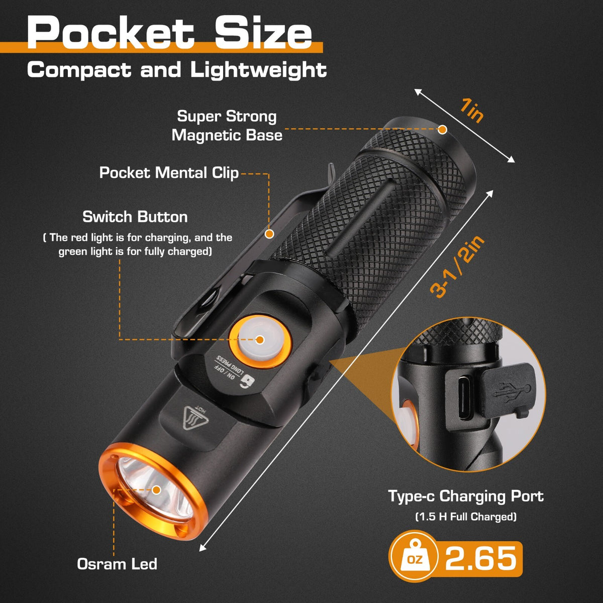 600 Lumens Tactical LED Flashlight with 90° Rotating Head, Magnet & Rechargeable Battery