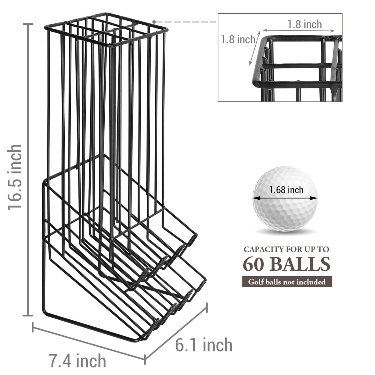 60 Capacity Golf Ball Holder Dispenser Rack - Matte Black Metal