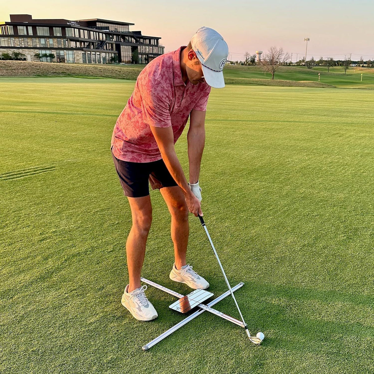 Golf Practice Alignment & Ball Position Guide with Mirror - White