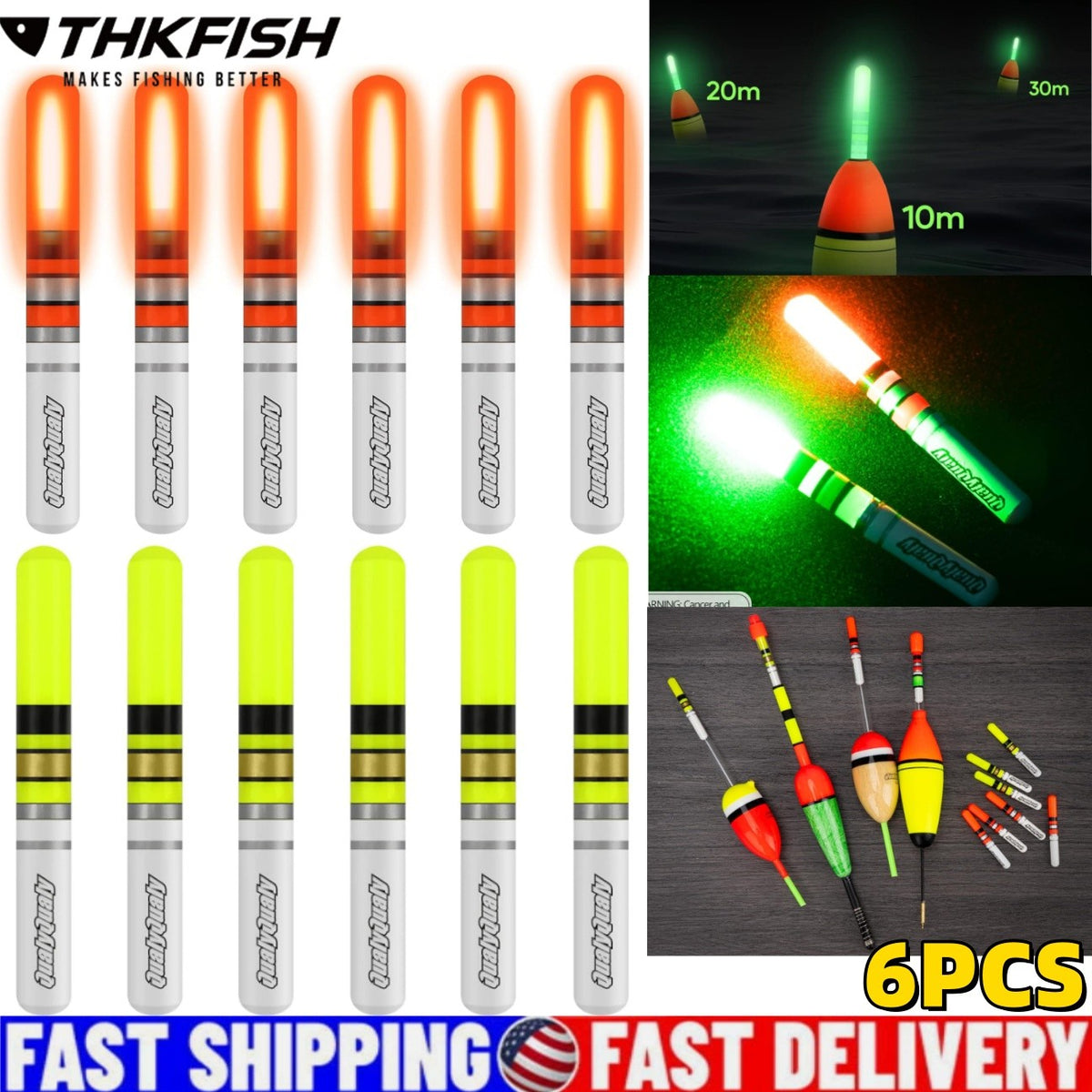 LED Glow Sticks for Fishing 6-Pack Night Fishing Light Up Floats with Batteries