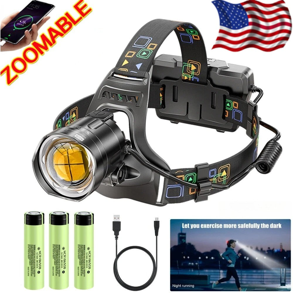 High Power LED Headlamp USB Rechargeable Zoom Outdoor Flashlight - Waterproof, 4500 Lumens