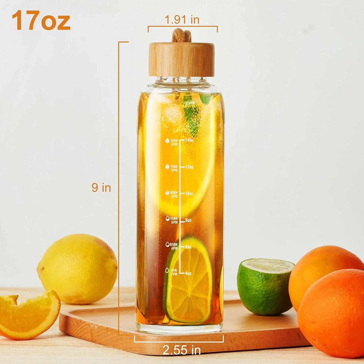 17oz Glass Water Bottle with Time Marker, Leakproof Lid & Strap