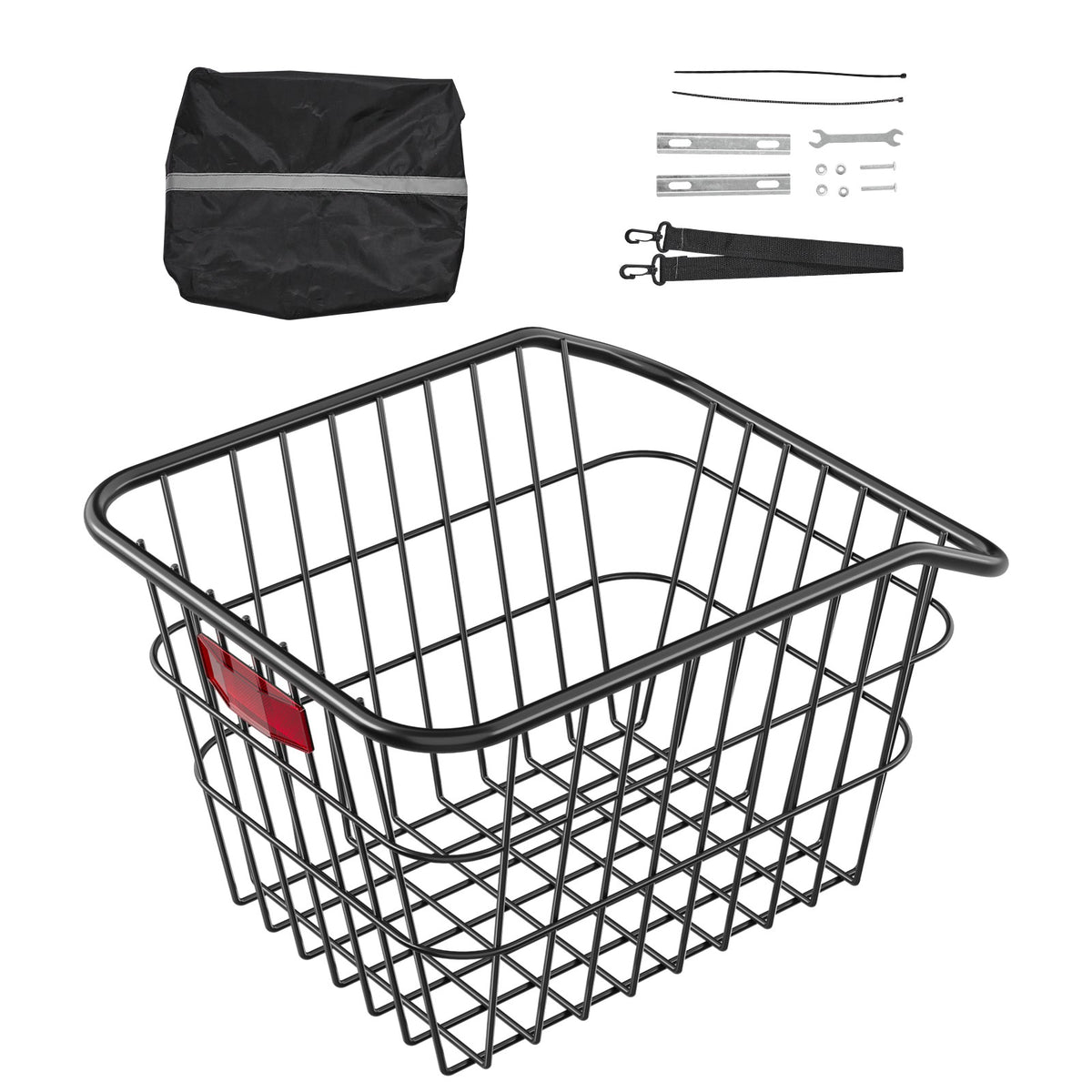 Rear Bicycle Basket with Reflective Light & Protective Cover - Heavy Duty Metal