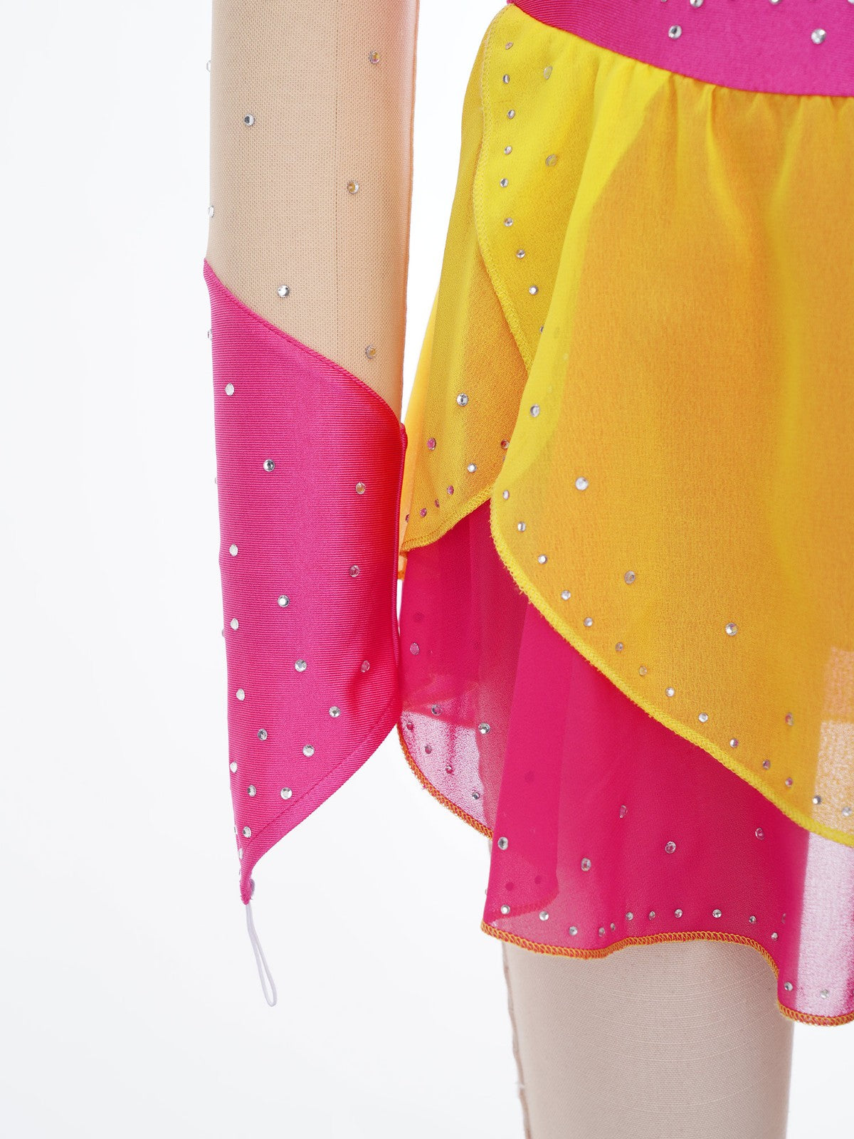 Girls Figure Skating Dress Long Sleeve Rhinestone Mesh Ice Skating Competition