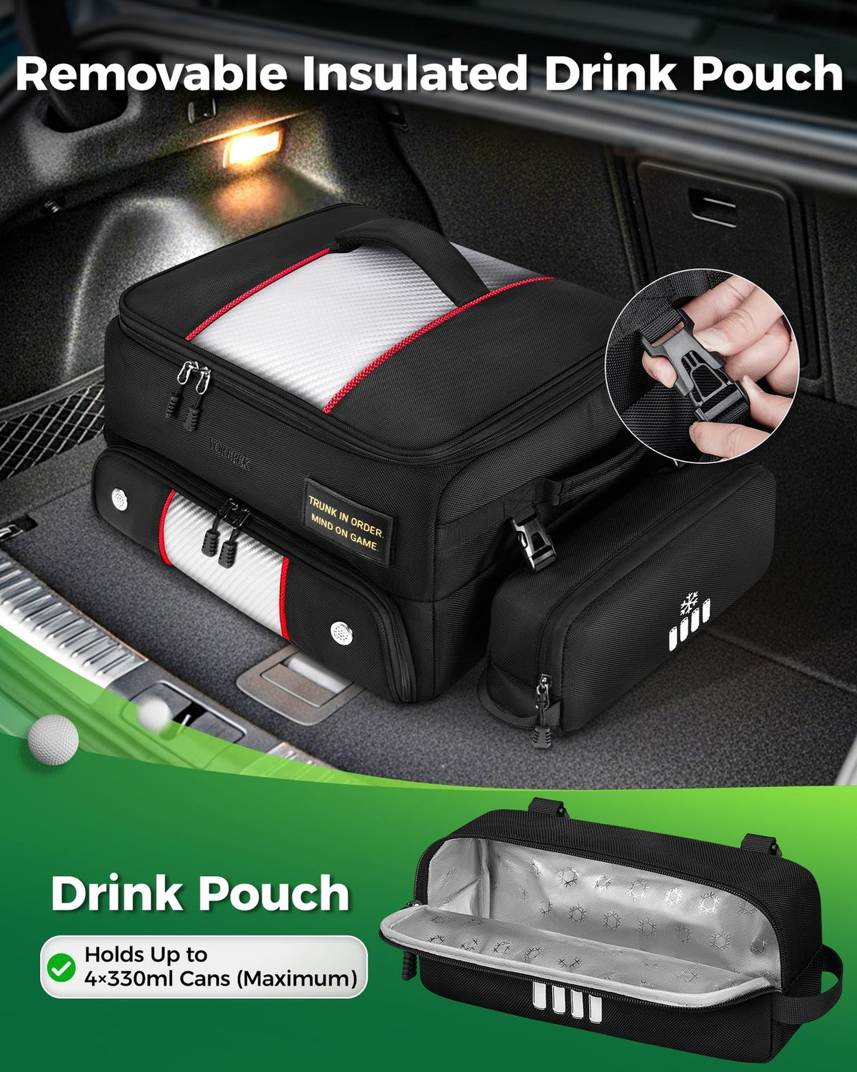 Upgraded Golf Trunk Organizer with Removable Insulated Drink Pouch