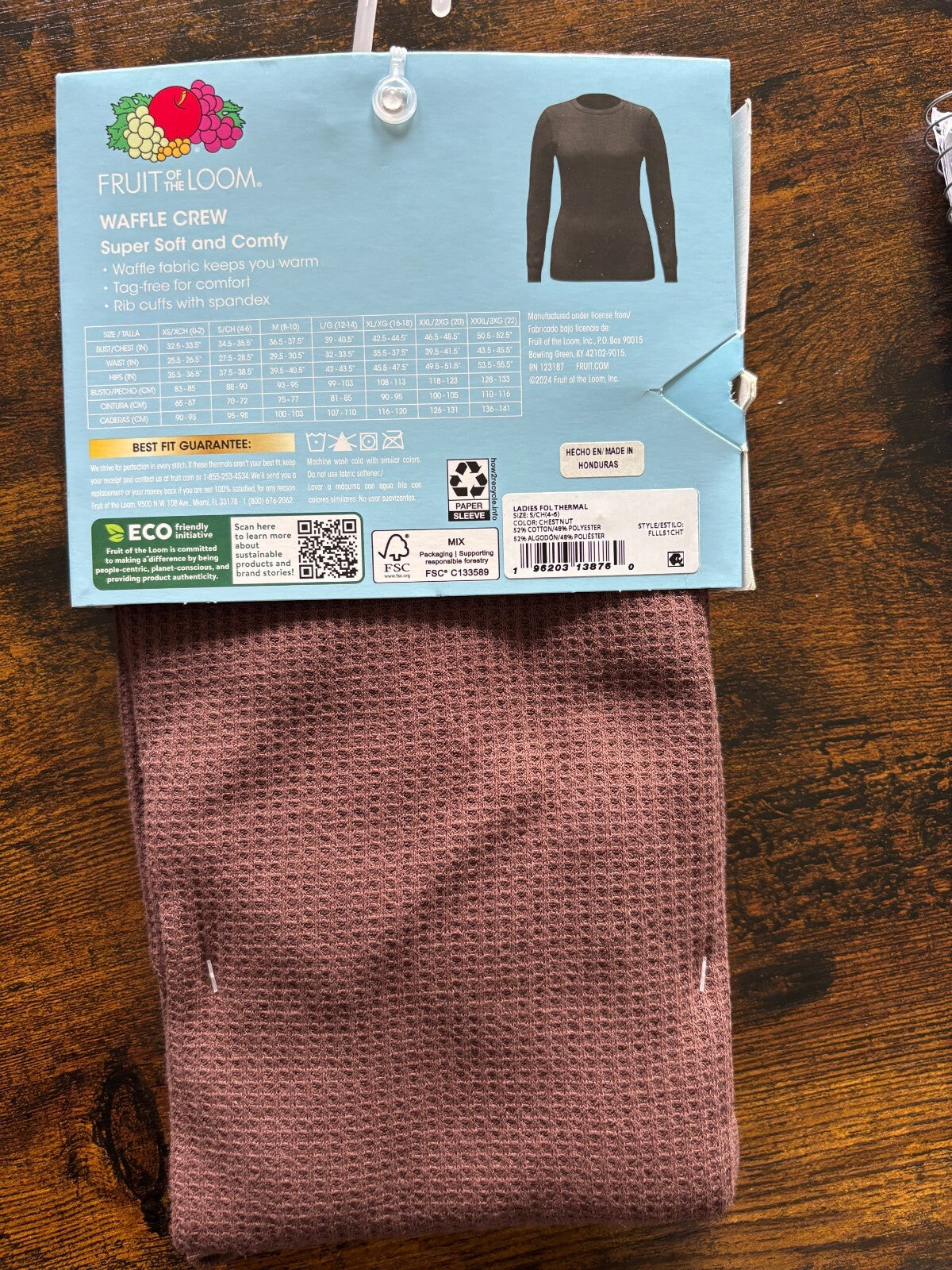 Fruit of the Loom Women's Brown Thermal Waffle Crew Shirt Small