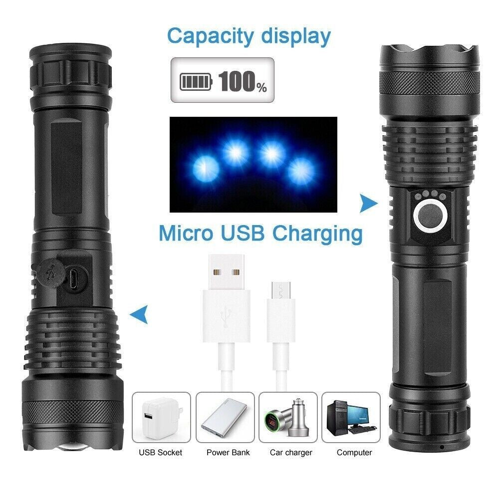 High Power 350,000LM LED Tactical Flashlight Rechargeable Zoom Torch