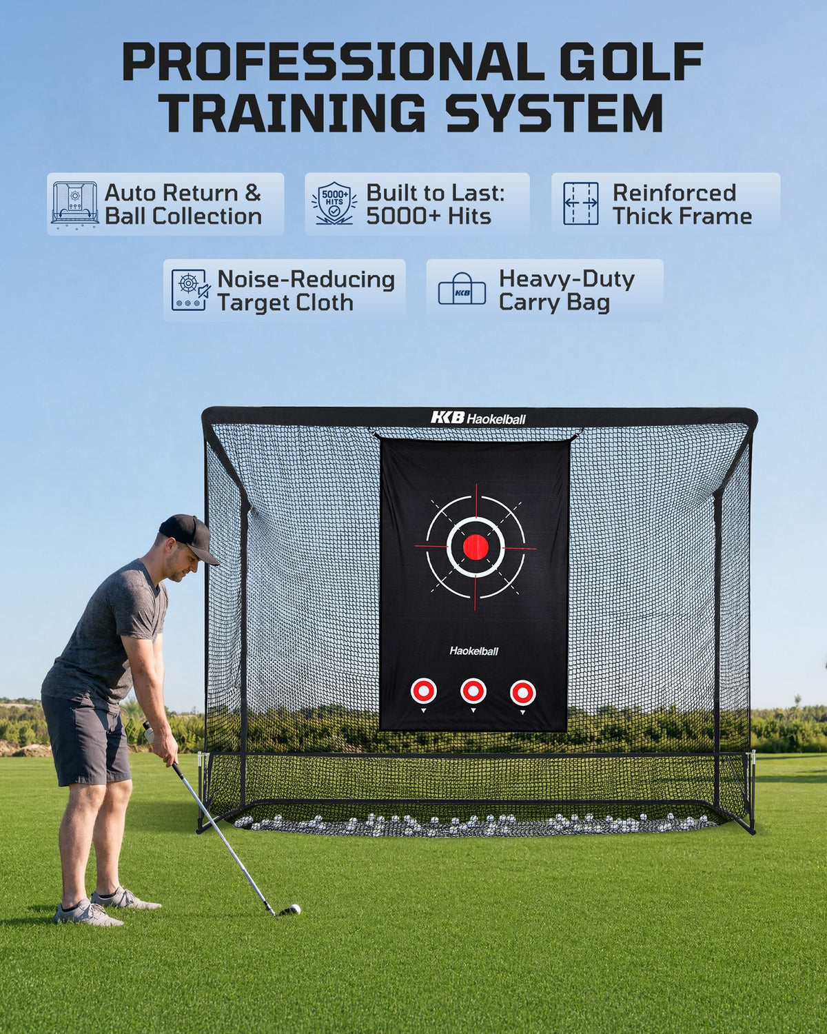 Golf Practice Net with Large Ball Collection and Noise-Reducing Target Cloth - Heavy Duty Backyard Hitting Net