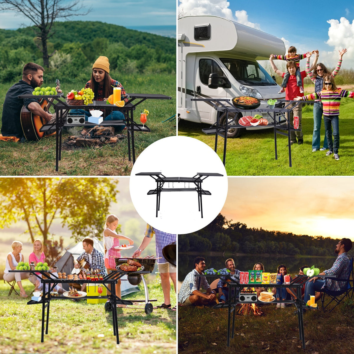 Portable Camping Folding Table with Side Shelves and Storage