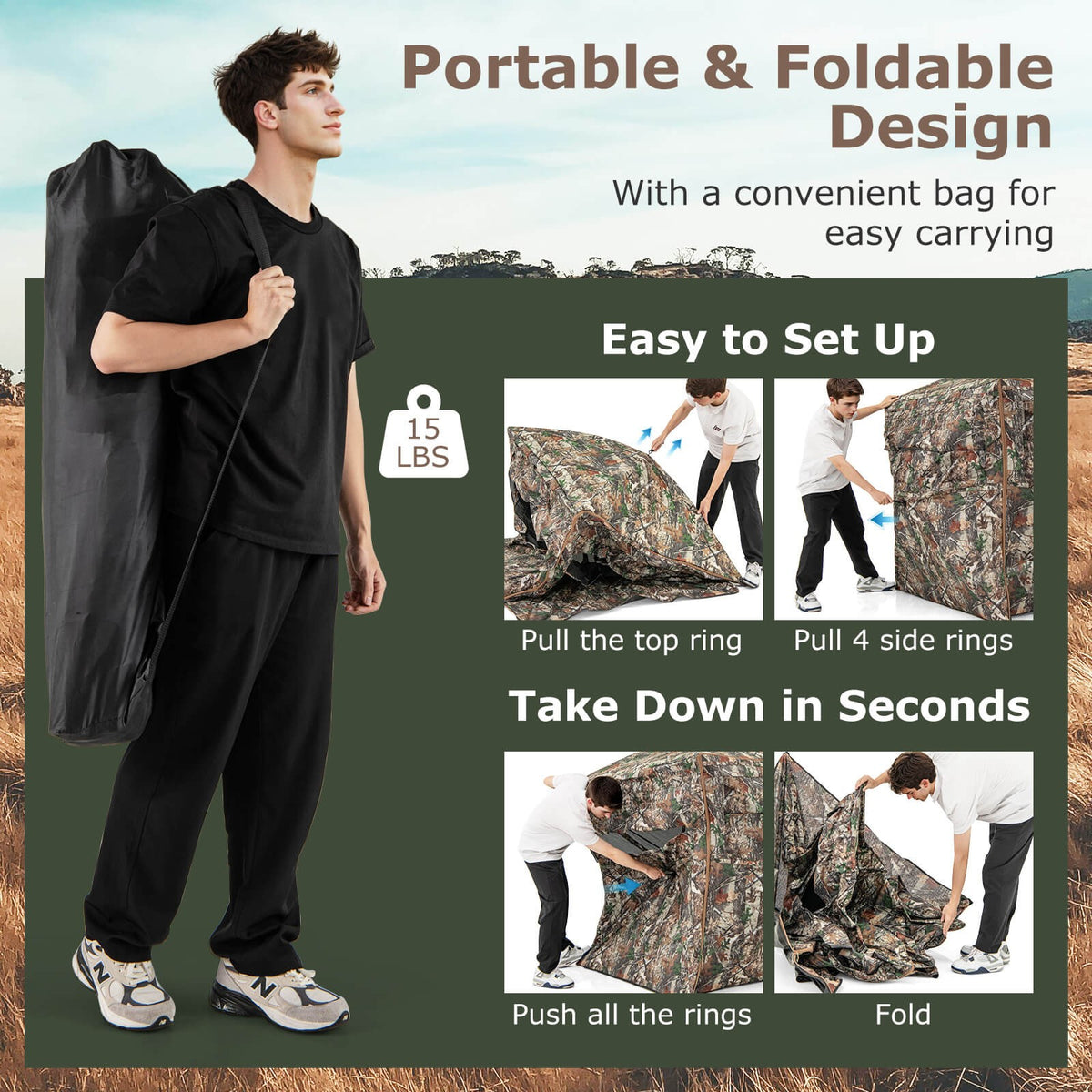 Portable 360° See-Through Hunting Blind with Open Side Door - Camouflage