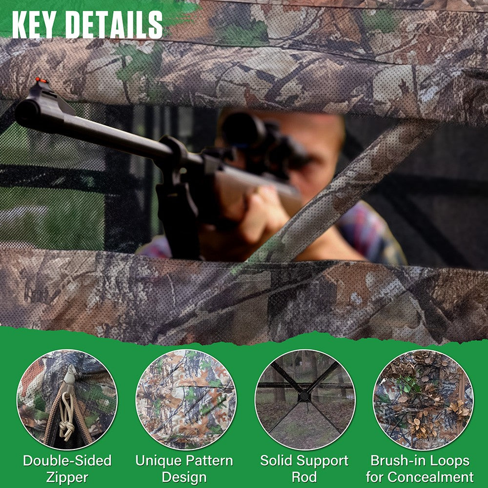3-4 Person Ground Hunting Blind with 270° See-Through Windows, Pop-Up Design