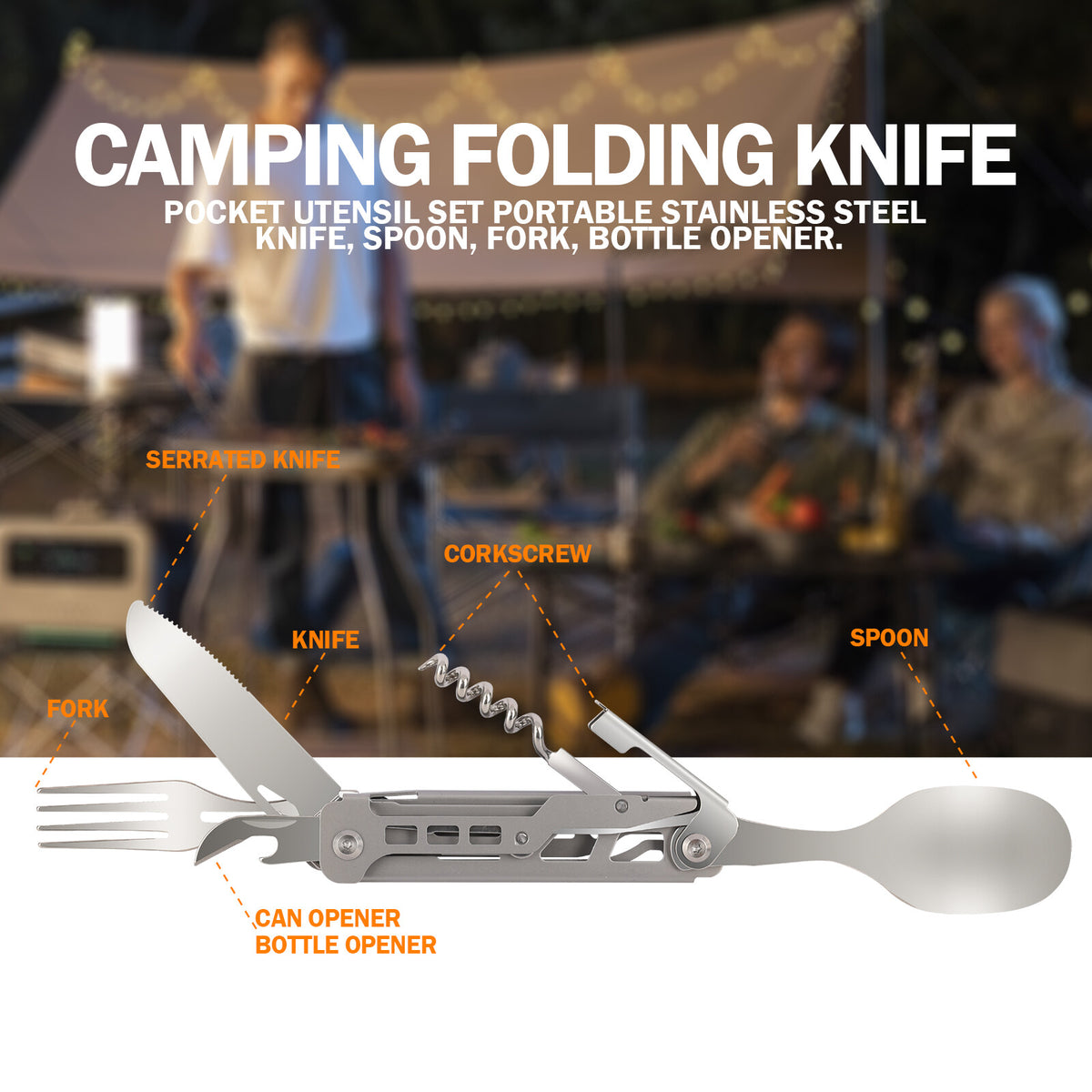 Portable 5-in-1 Camping Utensil Set Stainless Steel Foldable Flatware Kit