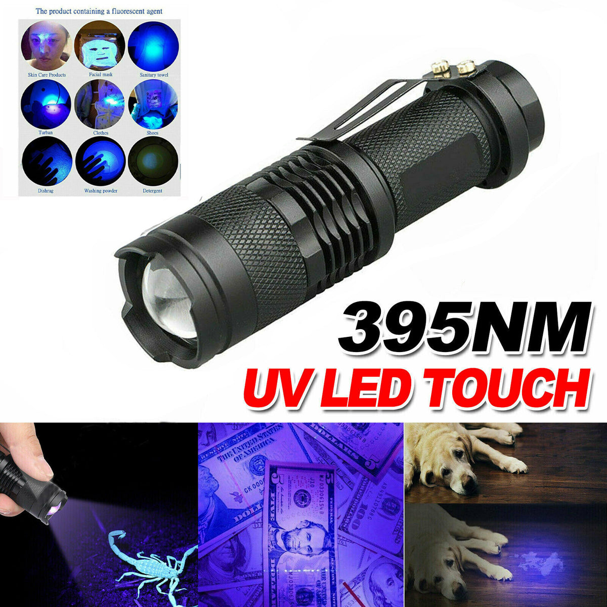 Mini UV Flashlight 395nm Handheld Blacklight for Camping Hunting Night Fishing