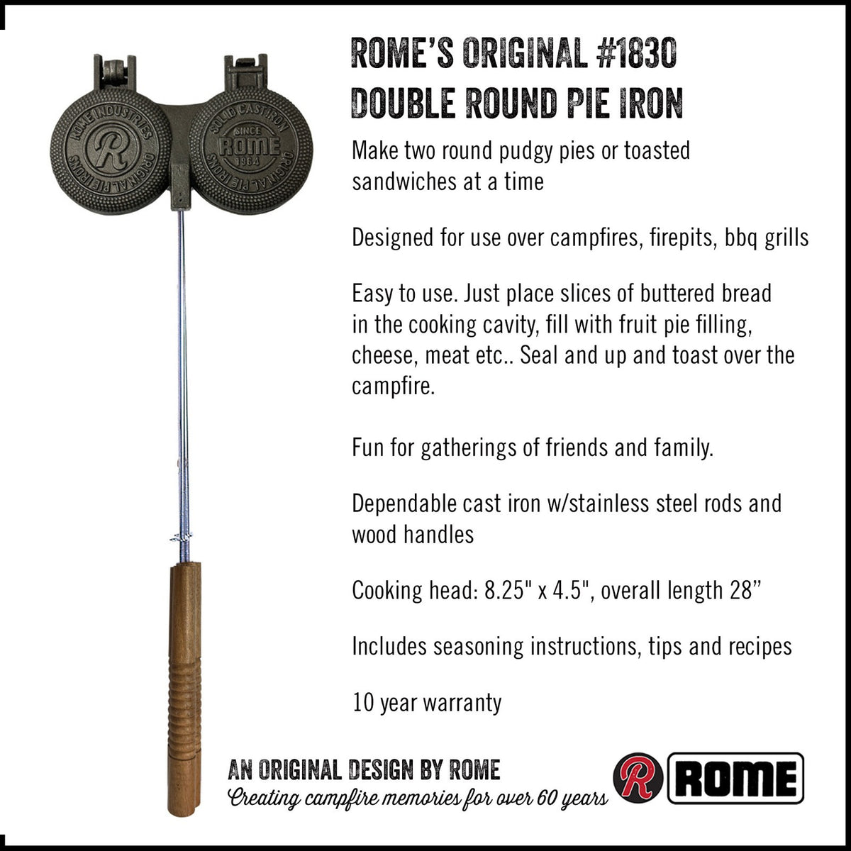 Cast Iron Double Round Pie Iron for Campfire Sandwiches and Pies
