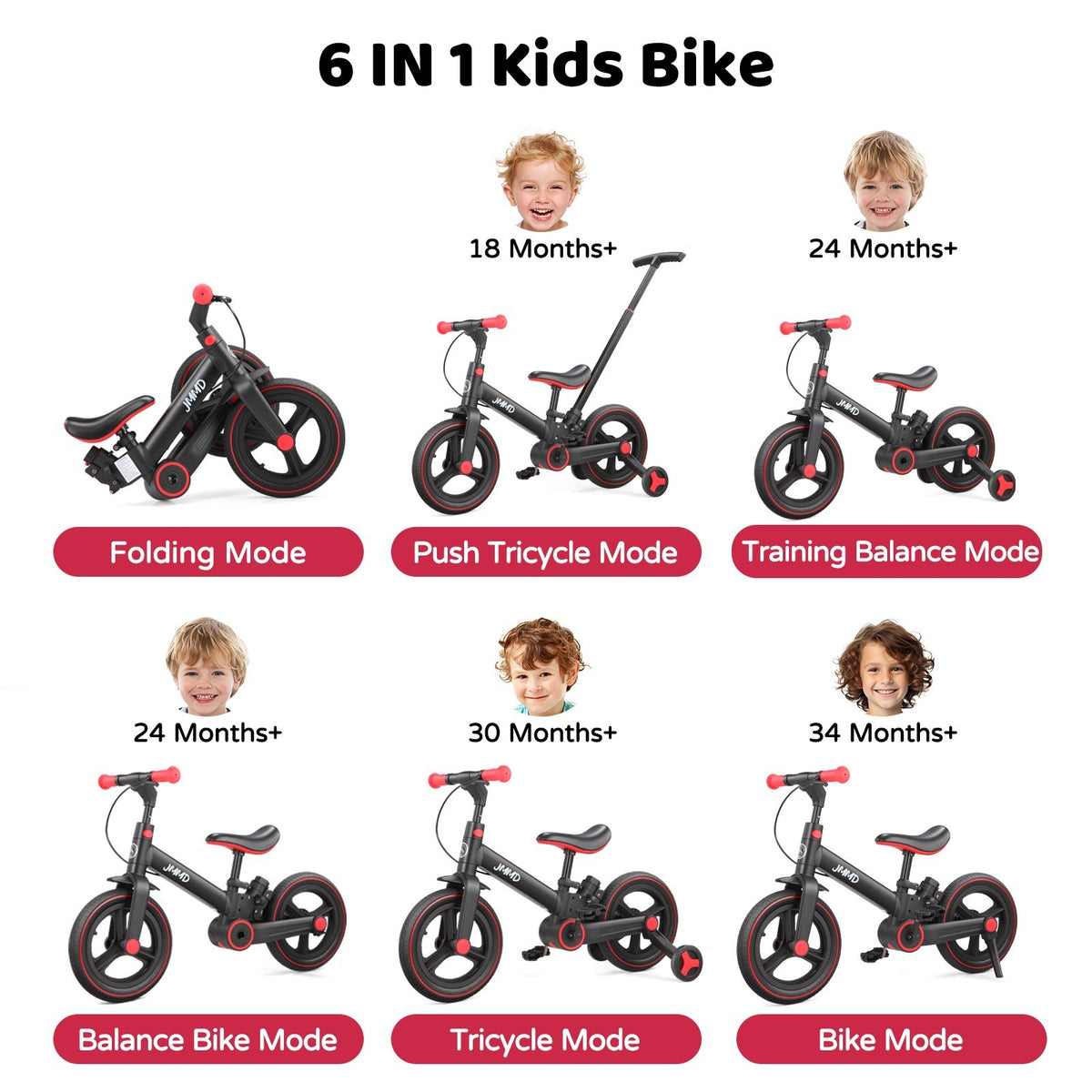 6-in-1 Foldable Toddler Bike with Push Handle for 18-60 Months, Adjustable & Durable