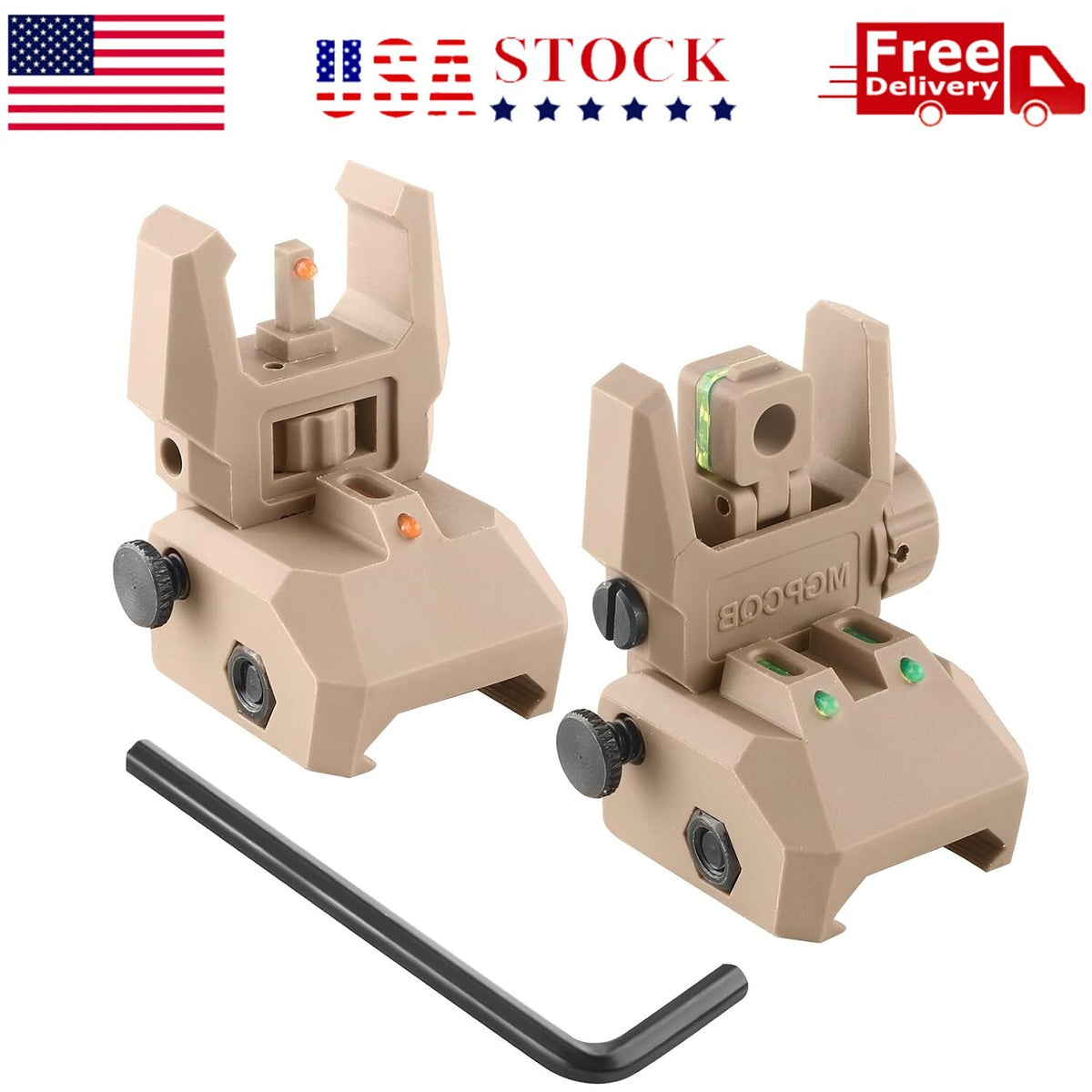 Foldable Iron Sights with Fiber Optics for Rifles - Flip-Up Dual Aiming Tan