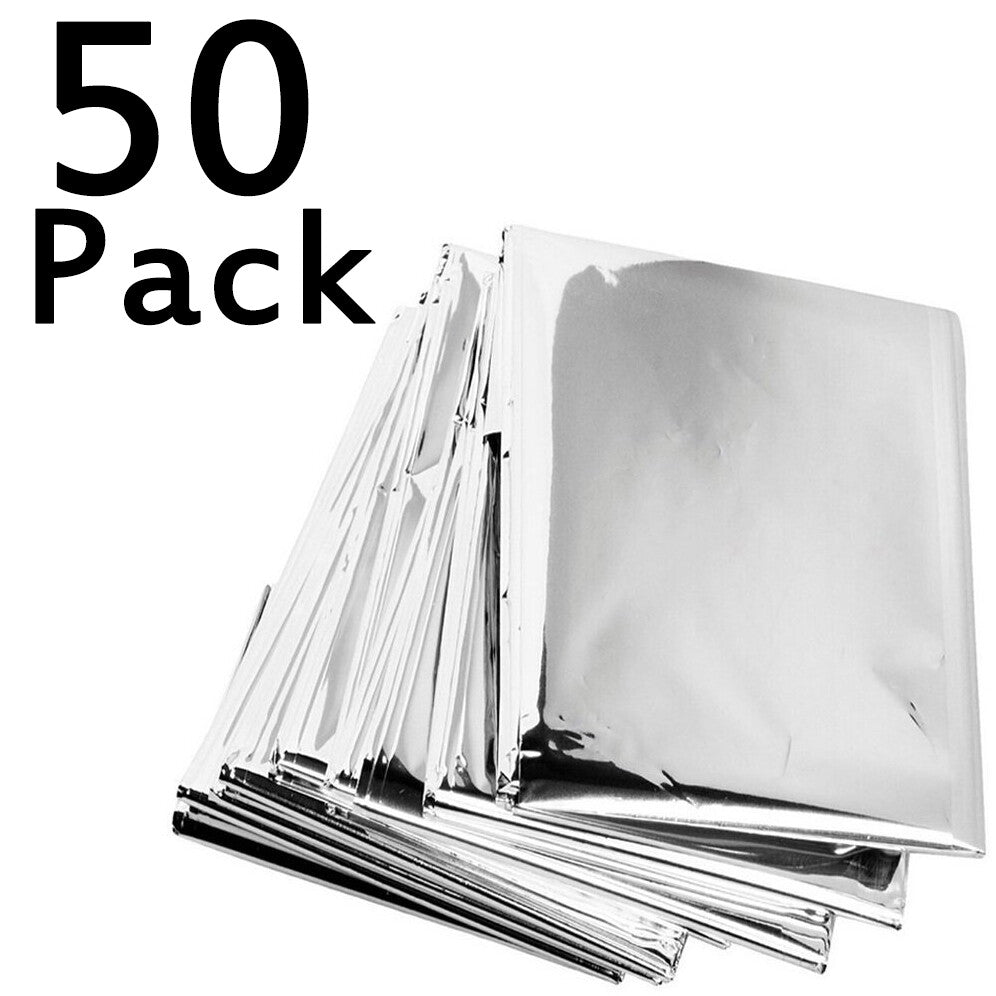 50 Pack Emergency Mylar Thermal Blankets - Reflects 90% Body Heat, Waterproof & Compact