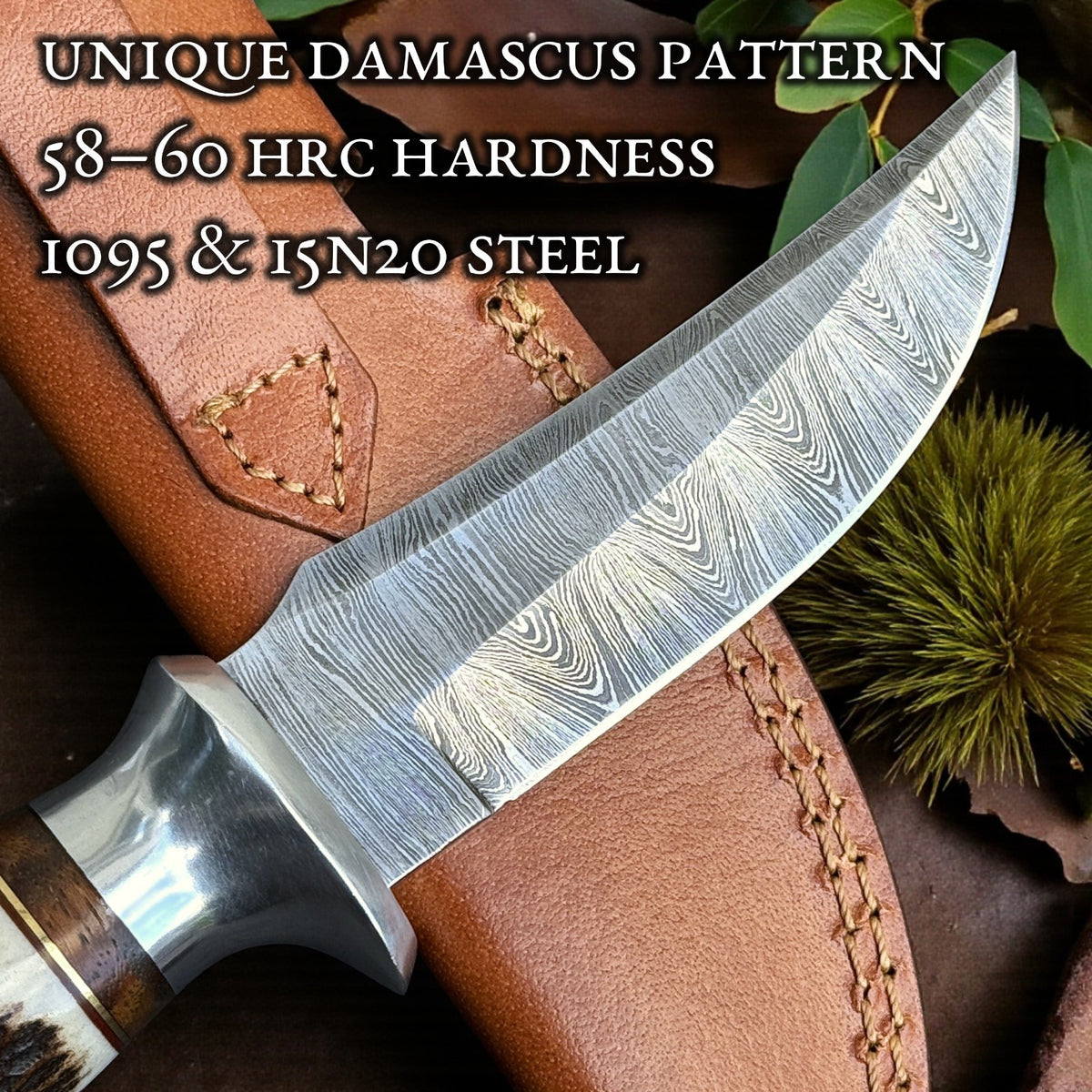 Personalized Damascus Steel Hunting Skinning Knife with Deer Antler Handle