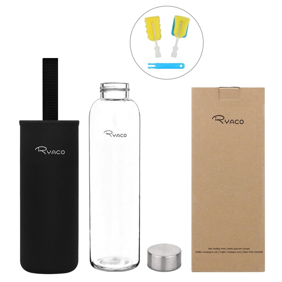 Borosilicate Glass Water Bottle 33oz/1L Leakproof BPA-Free Hydration