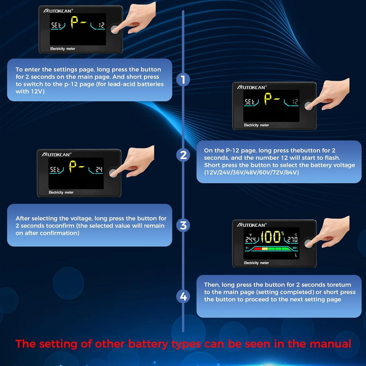 Digital Battery Monitor for Golf Carts RVs 8-100V Voltage Display Alarm