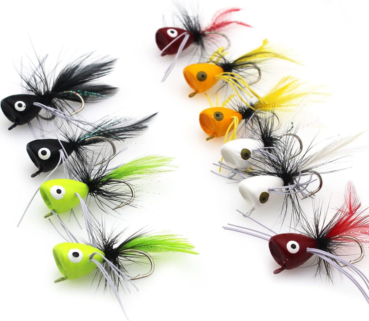 Fly Fishing Poppers Set for Bass, Trout & Panfish - 10 Colorful Flies with Hooks