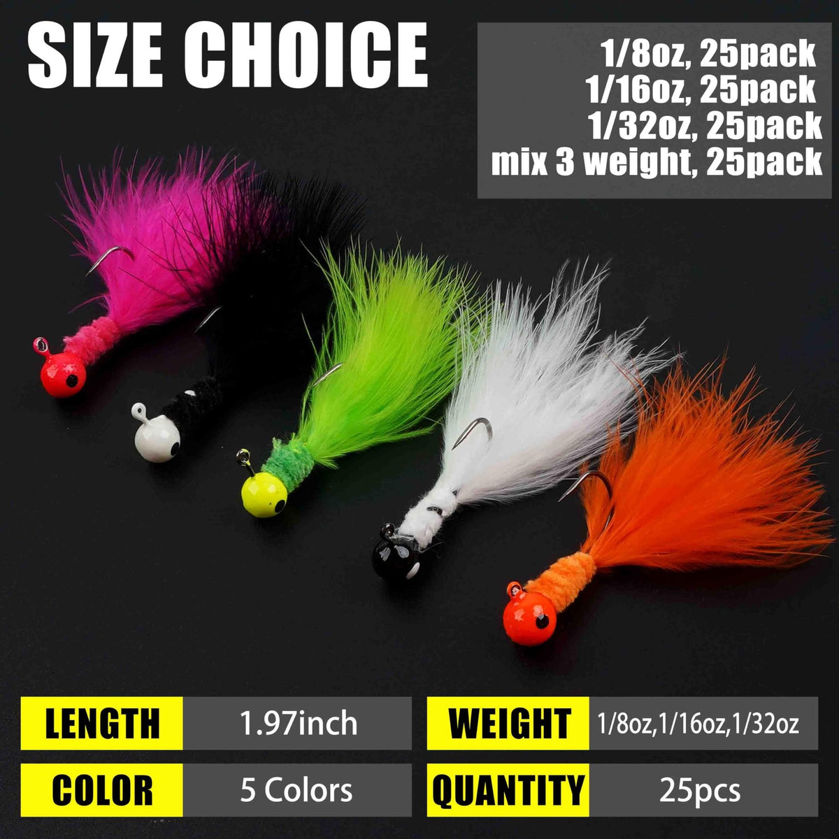 Crappie Fishing Jig Heads Kit - 25pcs Bright Feather & Steel Hooks