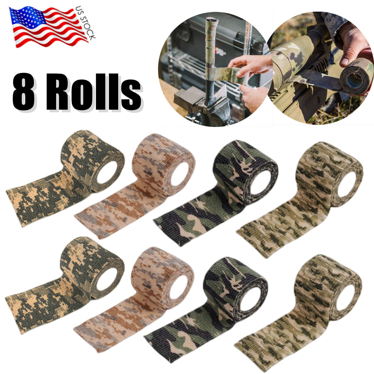 Camouflage Tape 8 Pack - Hunting Stealth Wrap for Rifle & Equipment