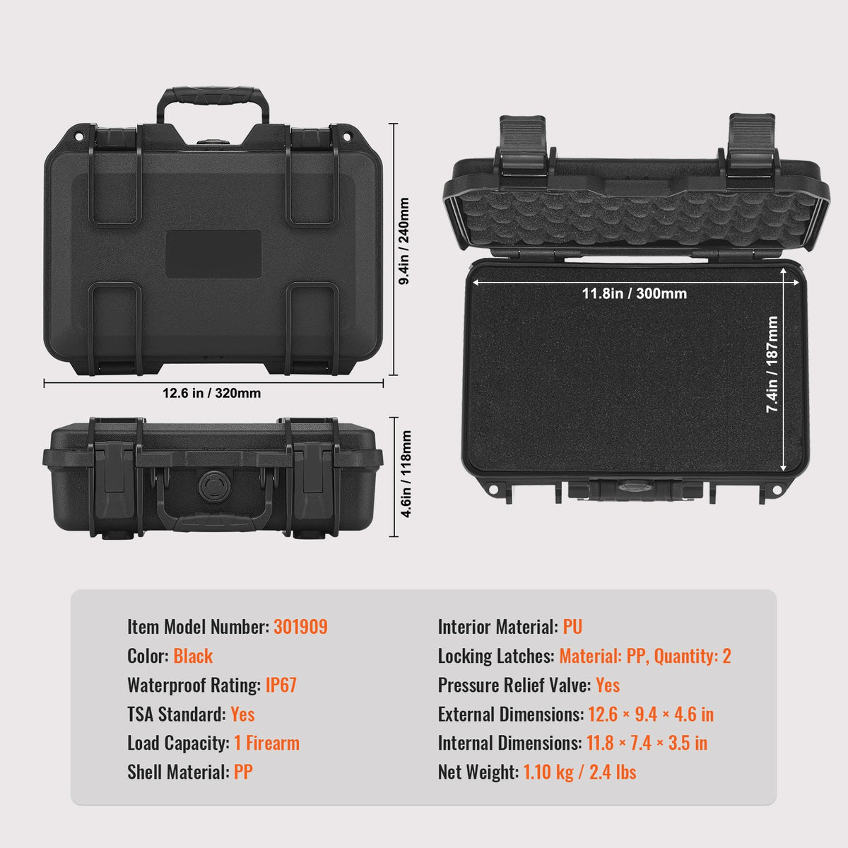 Waterproof Hard Pistol Case with Pre-Cut Foam Lockable TSA Approved for Firearms