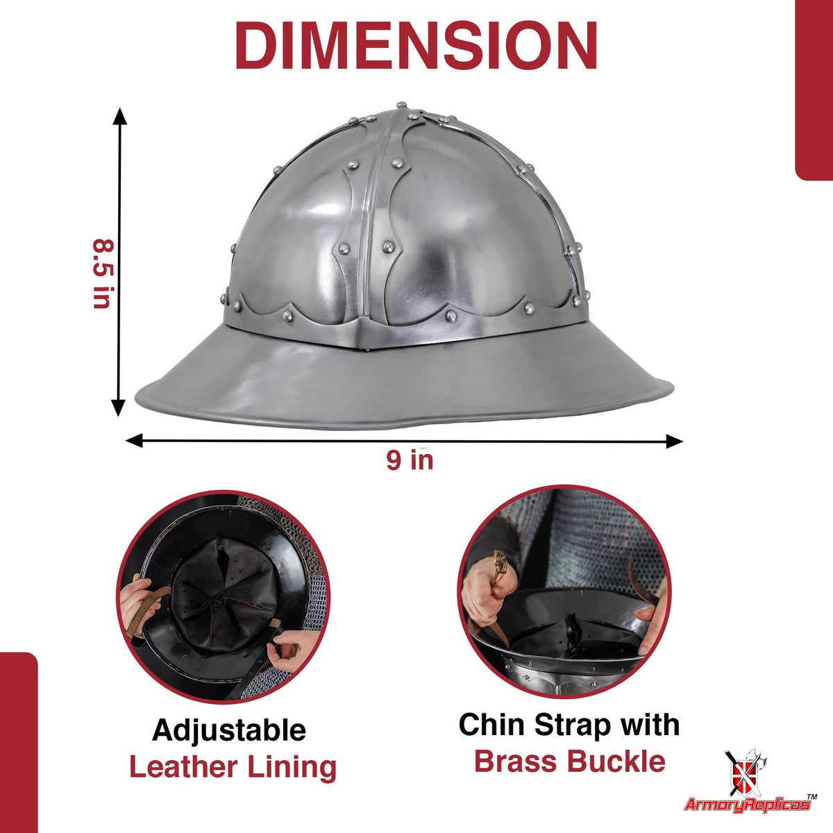 Medieval Kettle Helmet - Forged Steel Siege Prop Helm with Leather Liner