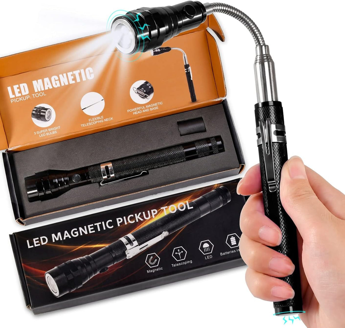 Magnetic Flashlight Pickup Tool Extendable Magnet with LED Light - Telescoping Gadget for Men