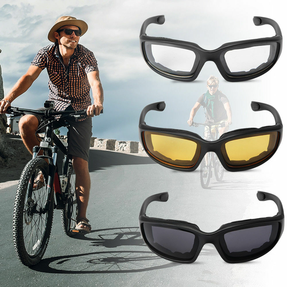 Motorcycle Riding Glasses 3 Pairs UV400 Shield Clear Smoke Yellow Padded Comfortable