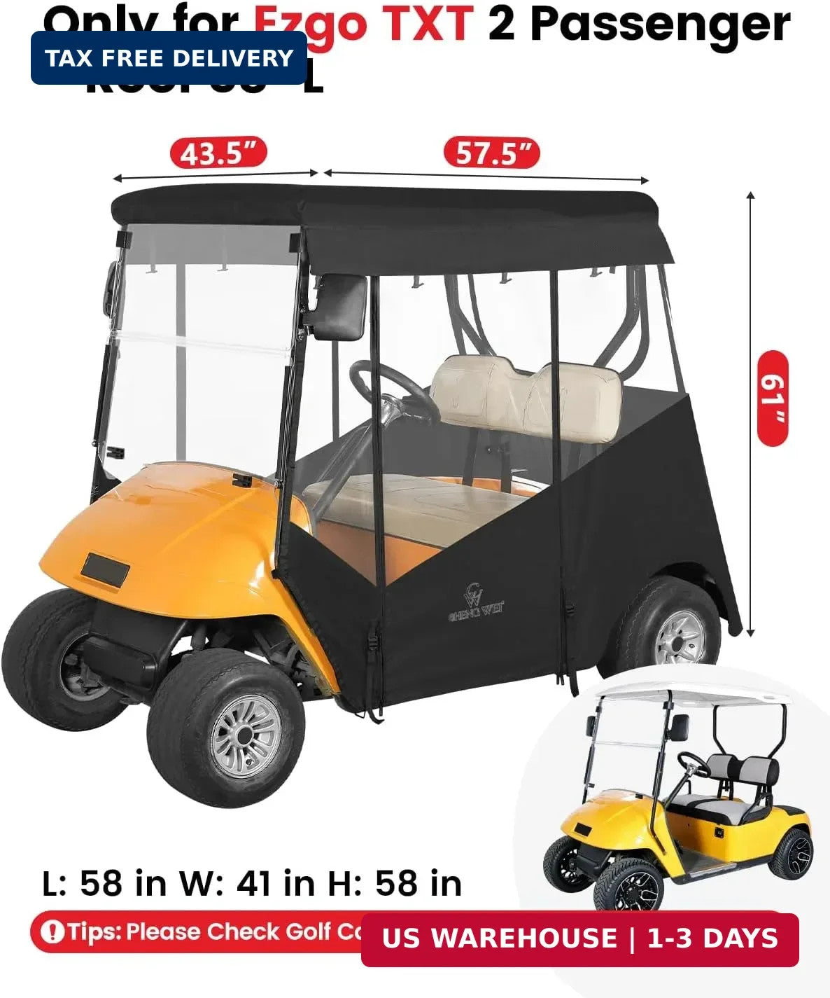 Golf Cart Enclosure for Ezgo TXT 2 Passenger Rain Cover with Clear PVC Windows