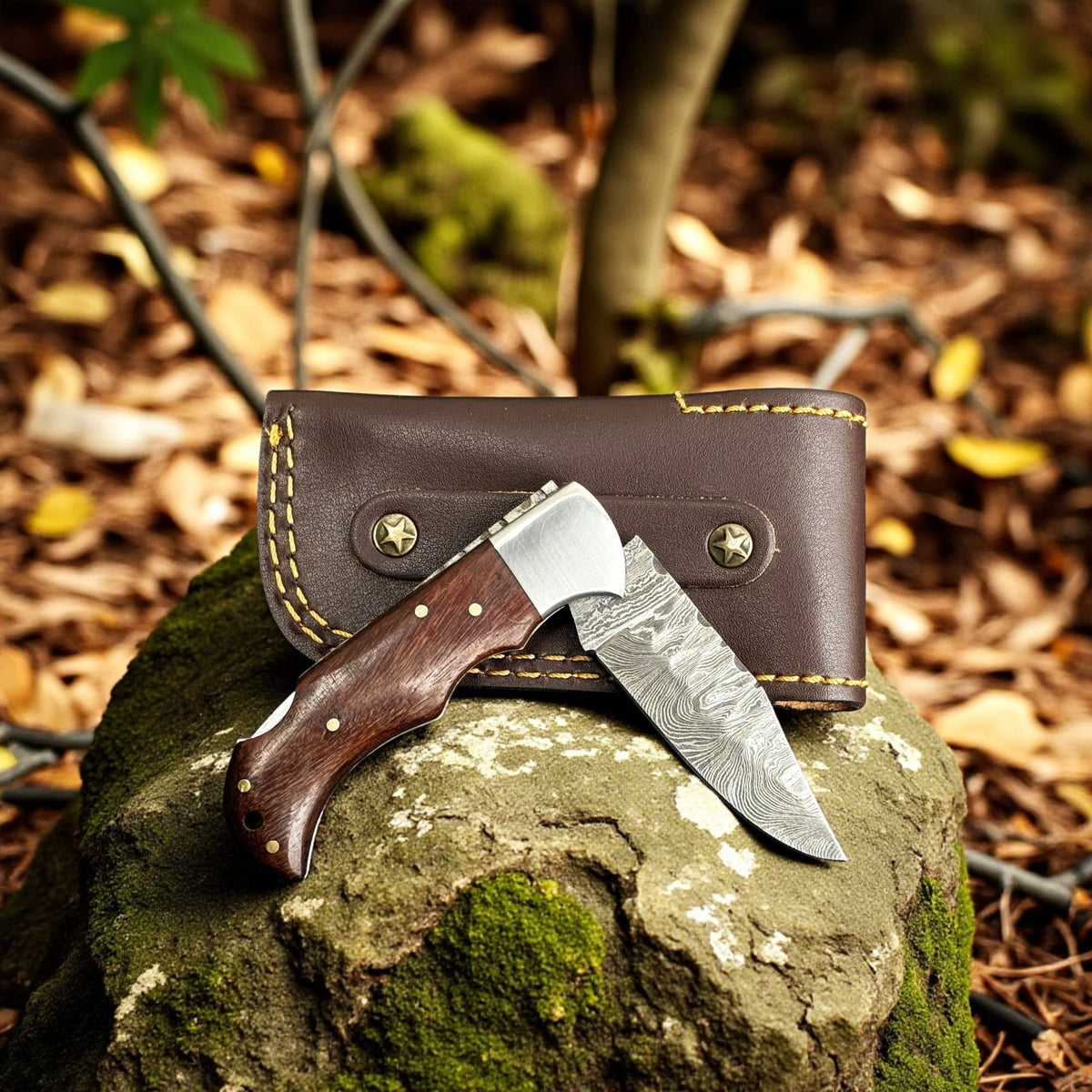 Personalized Damascus Folding Pocket Knife with Rosewood Handle