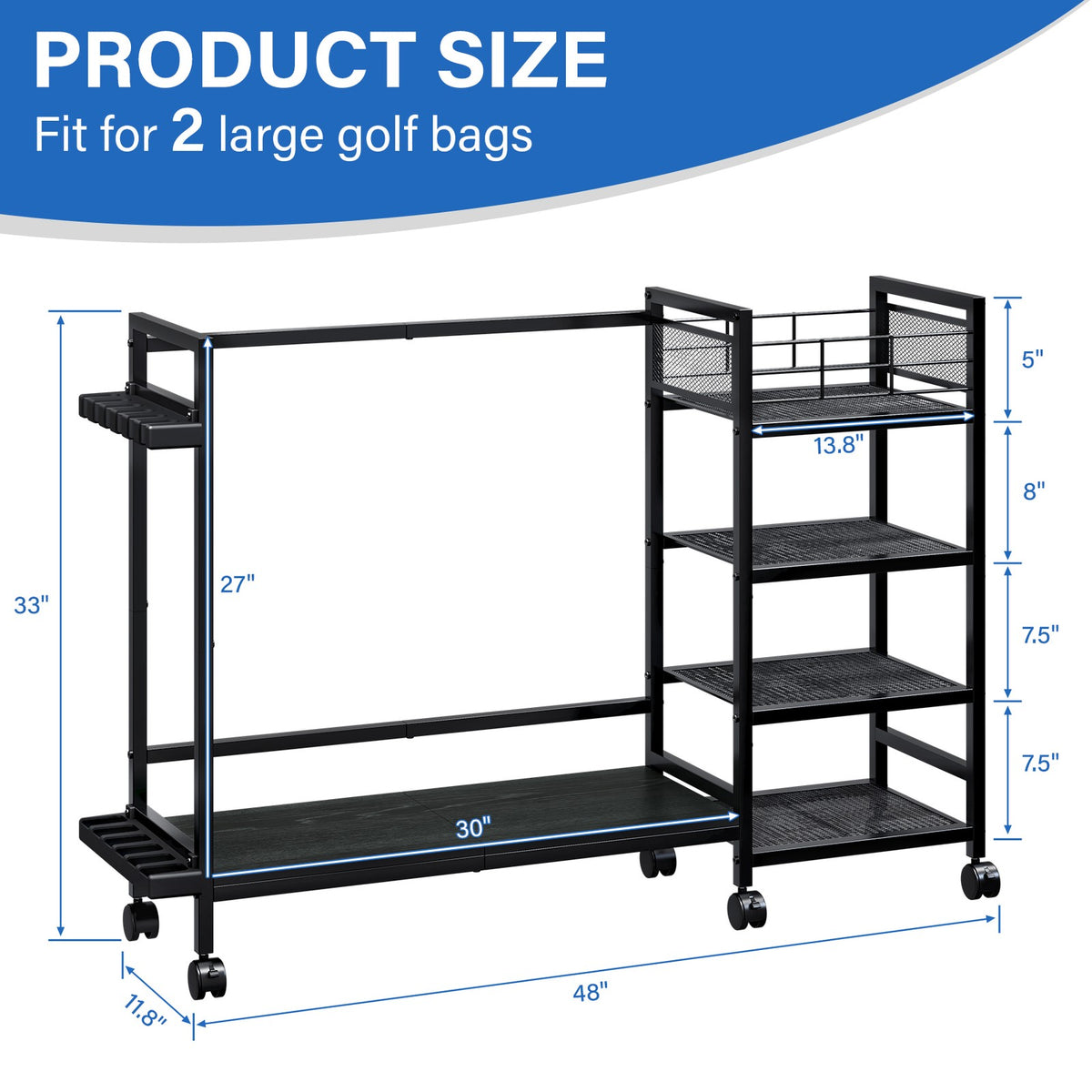 Golf Bag Storage Rack with Wheels - Organize Golf Clubs & Accessories