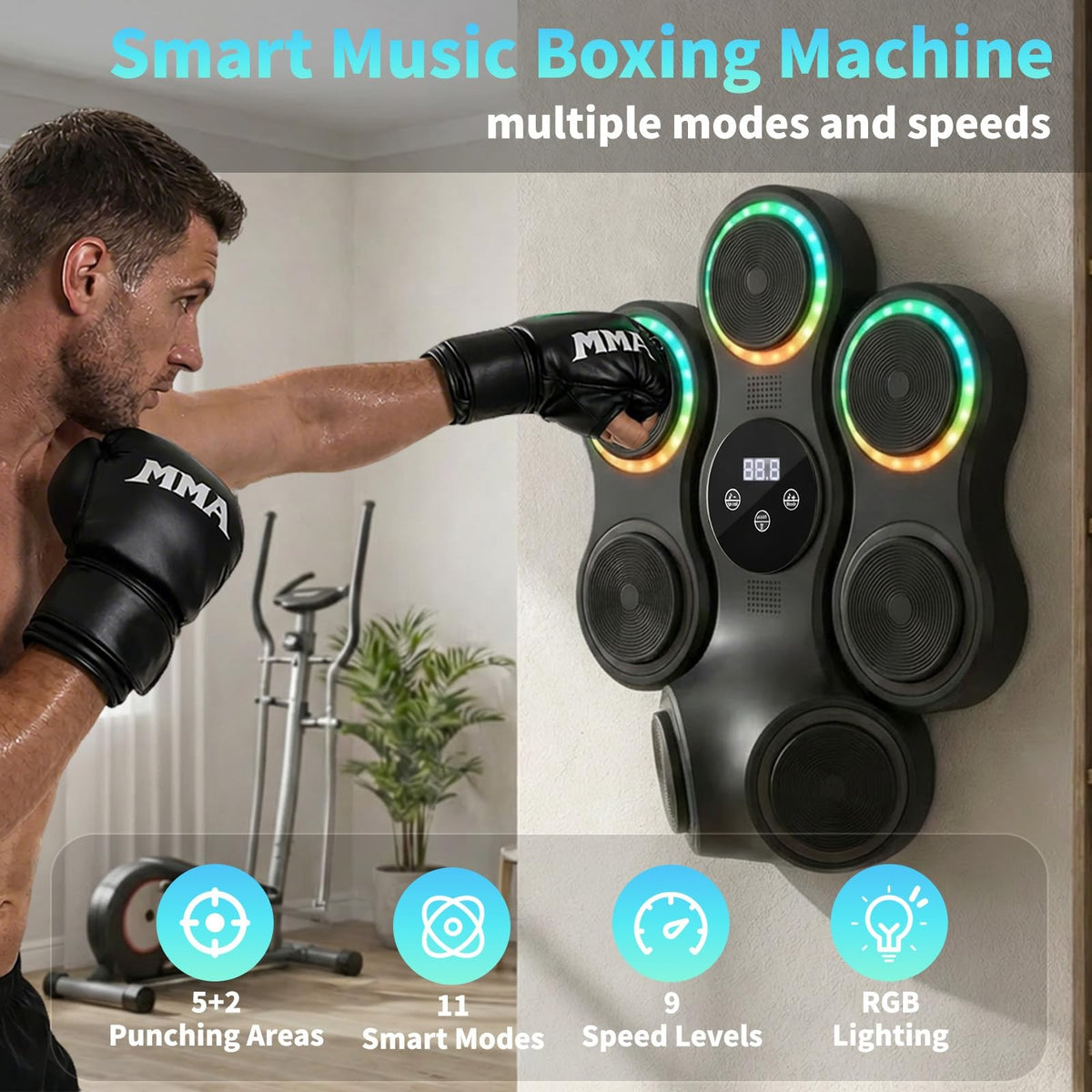 Adult Music Boxing Machine with Gloves, 11 Modes, Bluetooth & Impact Pads